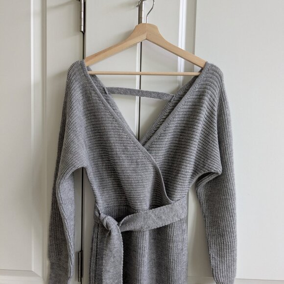 NWT Shein Frenchy Sweater Dress L Gray Chunky Knit Deep V Neck Side Slits Comfy - Picture 3 of 10